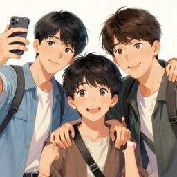 a detailed colorful illustration of three ( b boys ) posing for a selfie by timothy kong and mitsumayo, trending on artstation