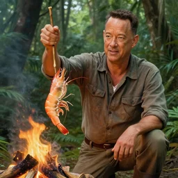 Tom Hanks as forrest holding a giant shrimp on a stick over a campfire in the jungle, realistic digital painting, in the style of Aleksi Briclot, photoreailstic, realistic face, amazing detail, sharp