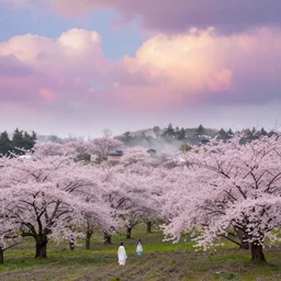 a landscape of japanese blossoming cherry trees with colorful fluffy clouds with ambient fog and spirits wandering in the orchard, very detailed, photorealistic, balanced color palette