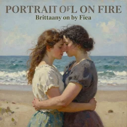 poster for the film portrait of lady on fire, brittany by the sea, two women embracing, oil painting