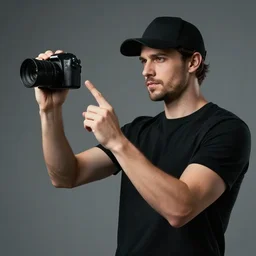 handsome italian man wearing black baseball cap and tshirt uses telepathy to control a floating camera. cinematic. studio lighting. intricate details. high quality