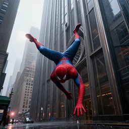 peter parker falling down a futuristic skyscraper building into rainy new york city street, lens flare deep focus, d & d, intricate, elegant, highly detailed, photo, 9 0 s, artstation, blade runner, 8 k, sharp focus, octane, unreal engine 5, global illumination, radiant