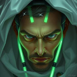 scientist, close up, head in middle of frame, they look at us, glowing green tubes, look of disdain! on their face, highly detailed, film still, artstation, concept art, smooth, sharp focus, illustration, art by artgerm and greg rutkowski and alphonse mucha