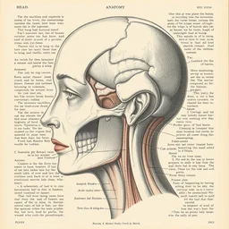 magazine vintage illustration of a human woman's head, gross anatomy,