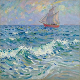 beautiful Rolling waves, with a distant, red sailed yacht in the style of Monet and Signac and painted in a style of painting similar to Van Gogh but more impasto and less hatching