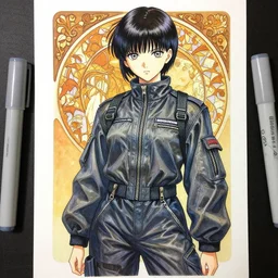 a copic maker realistic manga portrait highly detailed features by yoshiyuki sadamoto and alphons mucha of an anime girl wearing streetwear pilot suit lots of zippers, pockets, synthetic materials, jumpsuits by issey miyake and balenciaga 8 k