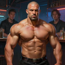 character concept portrait, brazilian bald bodybuilder, cyberpunk bar background, digital painting, detailed, highly detailed, smooth, sharp focus, illustration by ruan jia and mandy jurgens and william - adolphe bouguereau, artgerm