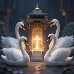 shrine for swan gods. award - winning 3 d anime by an indie studio, heavily stylized, rimlighting, depth of field, limited palette, impressionism, chiaroscuro, bokeh.