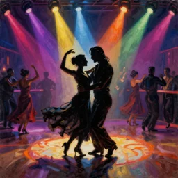 dark dancing silhuettes in a dance club, colorful lights, dramatic lighting, a lot of energy, oil painting by salvador dali