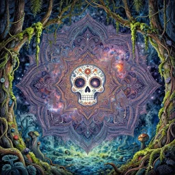 details + dios de la muerte + psychadelic symmetrical pattern, mandala, galaxy, nebula, intricate, ornate, ocean floor, by ivan laliashvili, peter mohrbacher, rococo details, post processing, painterly, book illustration watercolor by jack kirby andkarl blossfeldt and ernst haeckel sci - fi marbled paper + strange and ancient mangrove forest, moss branch arches, hanging vines, moss and lichens by frazetta, vallejo, moebius