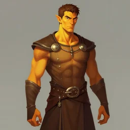 tall, lean, handsome half orc, half human. With short brown hair. fine brown noble clothes. vibrant orange yellow skin. by craig mullins, featured on artstation