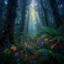 photograph of a dense mystic forest, colored flowers, mystic hues, breathtaking lights shining, psychedelic fern, tyndall effect, fireflies, dense forest, foggy, 4k, Acid Pixie, by thomas kinkade