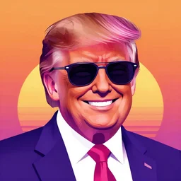 pink and purple vaporwave vector art of smiling donald trump wearing sunglasses, orange sunset background, highly detailed