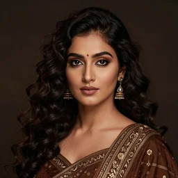 a beautiful portrait, dark background, gorgeous fantasy south asian brown tradisional woman, professionally retouched, soft lighting, realistic, smooth face, gorgeous eyes, curly hair, wide angle, sharp focus on the eyes, 8 k high definition, insanely detailed, intricate, elegant, gorgeous, art by artgerm and wlop