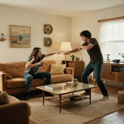 living ham attacks human in midcentury modern living room