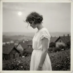 a double exposure of a beautiful side view portrait from above of a solemn young woman looking down, apparition, ghostly, white dress, motion blur, shaking head, with a landscape photo of a misty old village, muted tones, dappled moonlight, scratched photo, damaged edges, old, black and white damaged photo, 1 9 2 0 s