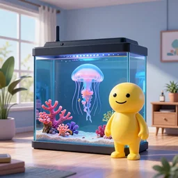 photo of the modern room as aquarium with a big jellyfish and corals, realistic colors, realistic shadows, daylight made in blender, 3 d by beeple