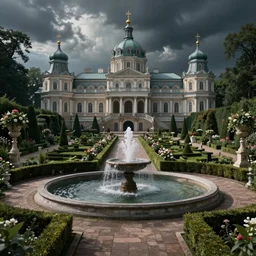 Beautiful garden, next to a fountain and a mystical palace. By Konstantin Razumov, horror scene, highly detailded