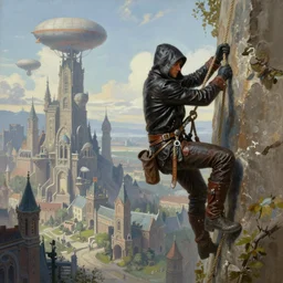 landscape painting of a hooded thief in leathers using a rope to climb a tall building with a fantasy city with airships, fine details, magali villeneuve, artgerm, rutkowski