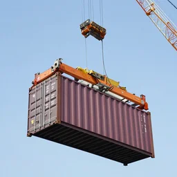 high quality, digital photography of a crane lifting a container, shot from the ground, looking up, close shot, clear sky