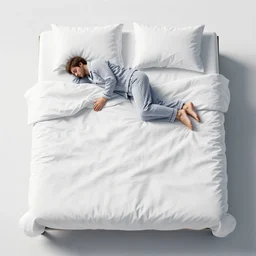 a very huge bed, empty, white wrinkled sheets, in which a man in pajamas, floating!!! above the bed, is sleeping on his side, ultrawide shot, aerial view, general llustration, 8 k, sharp focus, studio light, trending on artstation