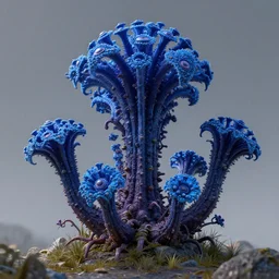 a photograph of a blue fantasy sci fi poisonous flora plant, hyper realism, octane render, 8 k, hyper detailed, vivid, ultra detailed, highly detailed