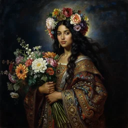 portrait oil painting, a beautiful young dark woman, dark night, floral headdress, flowers, holding a bouquet of flowers, long flowing hair, ornate robe, ultra realistic, wide angle, intricate details, artifacts, luminous skies, highly detailed, michael cheval, peter mohrbacher, boris vallejo, jessica rossier, oil painting, highly detailed, cinematic lighting