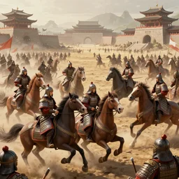 an imposing chinese - style scene with many soldiers in armor riding war horses fighting on the battlefield ， full of details, matte painting, concept art, smooth, by ， trending on cgsociety and blender ， unreal engine ， 8 khdr ， light effect ， rtx on ， - h 9 6 0