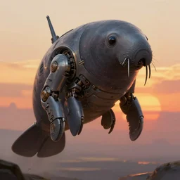 mech shaped like a manatee, machine, highly detailed, sunset, greg rutkowski, digital painting, ultra detailed