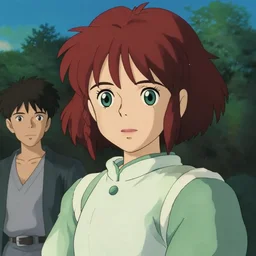 illustration of a brownish red braided short hair anime girl with green eyes in the style of studio ghibli, ayami kojima, akihiko yoshida and 90's anime