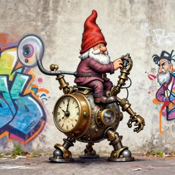 Graffiti Spraypaint A gnome gnome riding a steampunk automaton clockwork golem golem jim lambie anato finnstark james gurney norman rockwell greg rutkowski basquiat alberto sughi tombow