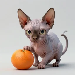 An adorable hairless goblin cat stealing an orange, by Stanley Artgerm Lau, WLOP, Rossdraws, James Jean, Andrei Riabovitchev, Marc Simonetti, and Greg Rutkowski, trending on artstation