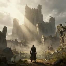 beautiful medieval castle ruins, mist, sunrays, dust in the air, dnd character, unreal engine, octane render, dramatic lighting, pond, digital art, by stanley artgerm lau, greg rutkowski, thomas kindkade, alphonse mucha, loish, norman rockwell,