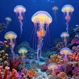 photorealistic, hundreds of rainbow colored jellyfish with long dangling tentacles floating around a brightly multicolored coral reef style of thomas kinkade