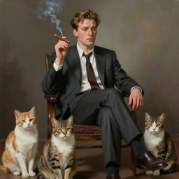 Young Hugo Weaving wearing a suit, sitting in a chair, smoking a cigar, with a pile of sugar in his hand and a group of cats sitting in front of him. Realistic Painting, artstation, concept art, 4K