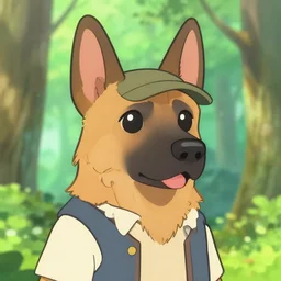 close up character portrait icon of the anthro anthropomorphic very cute german shepard trader head animal person fursona wearing clothes standing in the bright forest, hidari, color page, tankoban, 4 k, tone mapping, akihiko yoshida