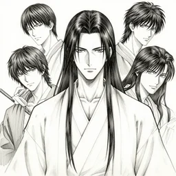 portrait of anime man with long hair wearing a white robe stained, pen and ink, intricate line drawings, by craig mullins, ruan jia, kentaro miura, greg rutkowski, loundraw