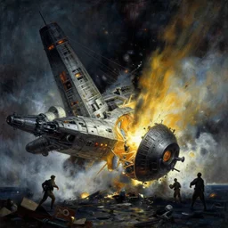 spaceship disaster collision art by anders zorn, wonderful masterpiece by greg rutkowski, beautiful cinematic light, american romanticism thomas lawrence, greg rutkowski rule of thirds, golden ratio