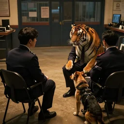 a tiger in a suit is being interrogated by a detective dog at the police station, zenith view, warm color palette, night time, dramatic lighting, noir film, fine details, high contrast, blacksad, kim jung gi, greg rutkowski, trending on artstation, 8 k, ultra wide angle