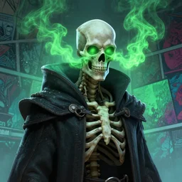portrait of a skeleton lich, green smoke leaving his empty eyes, mattepainting concept blizzard pixar maya engine on stylized background splash comics global illumination lighting artstation lois van baarle, ilya kuvshinov, rossdraws