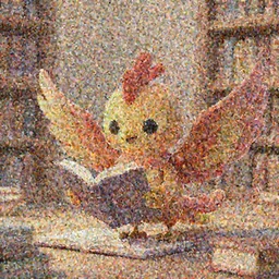 a cute adorable phoenix fledgling learning to read in a library #Video-Game