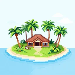 A pixel art of tropical Island with a Resort, Tahiti
