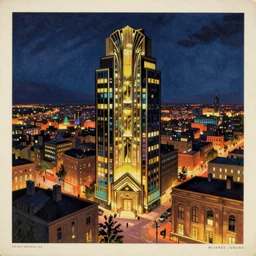 1920s art deco by Tito Corbella, a small downtown cityscape lights up the night by James Gatsby and by Wilfred Jenkins, vintage postcard