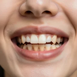 a photo from a balded with teeth made of wood, close up, photorealistic