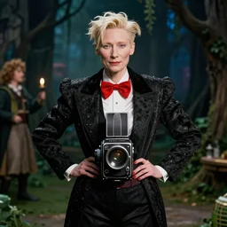an extremely detailed large format hasselblad photo of the tilda swinton posing for butcher billy in a wizard of oz environment