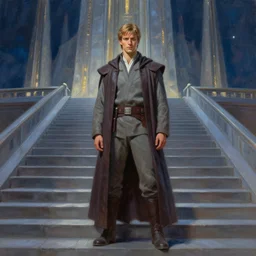 anakin at the steps of the jedi temple, oil paint, art station, highly detailed, nighttime