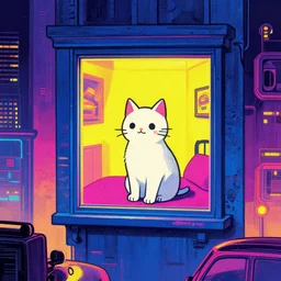 cyberpunk cityscape with cute cat sitting straigh in window of motel room, illustrated by james warhola and greg rutkowski