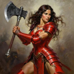 a frank frazetta oil painting of a beautiful muscular salma hayek wearing red armor holding a large battle axe, dynamic shot, hd 4 k, intricate, highly detailed, atmospheric, sharp