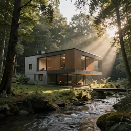 a modern house in the woods with a river passing by, god rays, dramatic, cinematic, art by Luxigon and Brick Visual, 4k, trending on Artstation