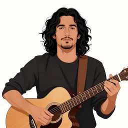 illustration of a handsome!! man with long black curly hair + tan skin + anchor goatee, acoustic guitar in black leather case | wearing a cowboy hat with a skull emblem | art by hirohiko araki & jean giraud & artgerm & jack kirby | artstation, character design, concept art, full body, digital painting | intricate, high detail, smooth, sharp focus
